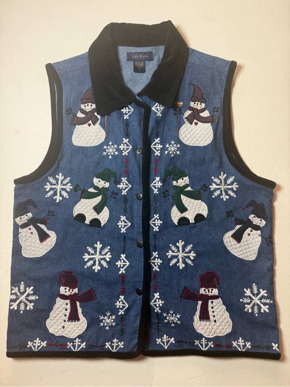 Life Style Snowman Christmas Vest Medium Denim Embroidered Appliqué Holiday
